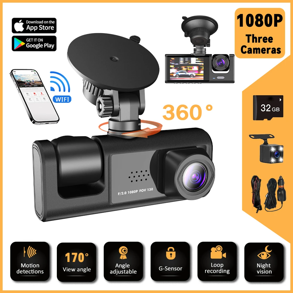 Panoramic Dash Cam 360 - Dash Cam 3 Channel Car 360°All